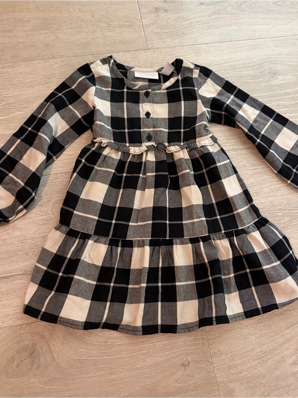 The Children's Place Black and Cream Plaid Tiered Long-Sleeve Dress